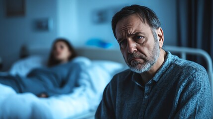 Focus Middle man sad sitting and wife sleeping on bed hospital background
