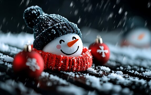 Snowy snowman with red scarf and Christmas ornaments