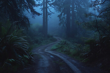 Obraz premium Misty Forest Path Winding Through Tall Trees with Soft Blue Light Creating a Mystical