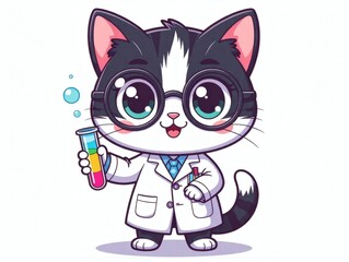Cartoon Cat Scientist Holding Test Tube with Bubbles