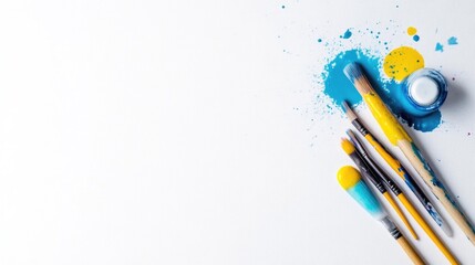 Assorted art supplies, paint splatters, and brushes