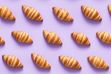 Seamless pattern of golden croissants on purple background. French bakery pastry repeat design. Breakfast food wallpaper for cafe menu, packaging, or textile print with copy space