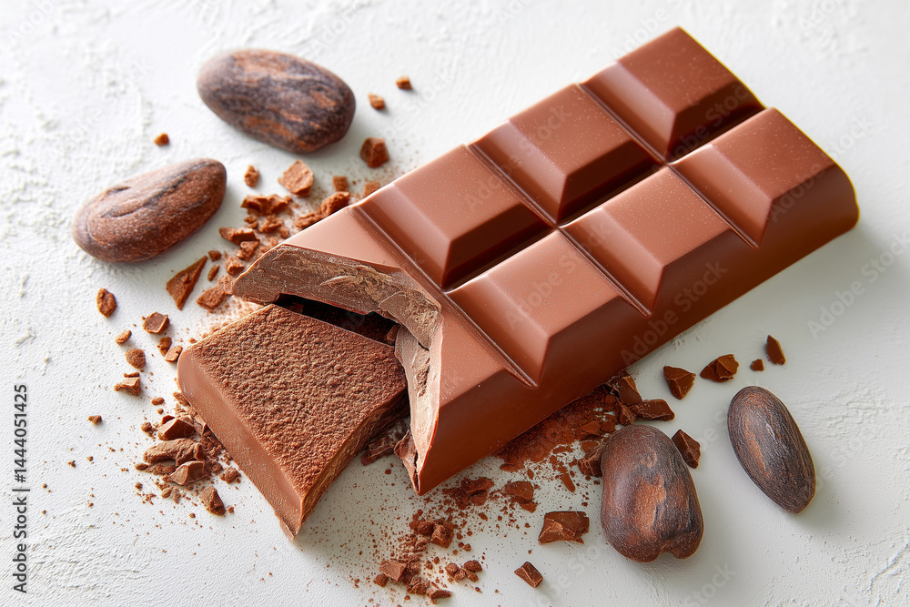 Poster chocolate bar broken open revealing smooth filling. set against a light textured surface with cocoa 