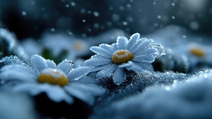 Frosted daisies in snowfall.  Delicate white flowers covered in frost and snow,  a winter scene of beauty.  Soft light illuminates the delicate petals