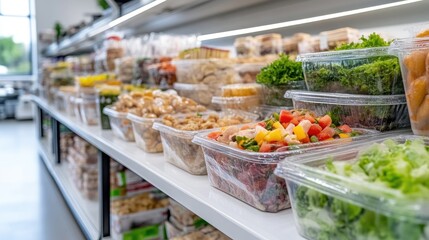 Prepared Foods Various Salads Clean Modern Style High-Resolution Bright Lighting Wide Angle Shelf Display Fresh Ingredients Grocery Store Setting Vibrant Appetising Perfect For Food Marketing