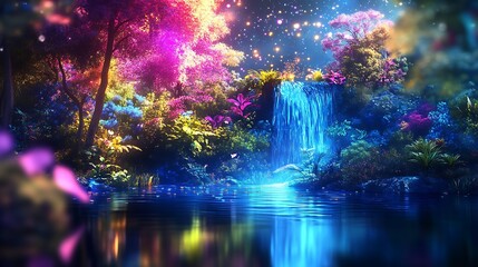 Fantasy forest waterfall scene