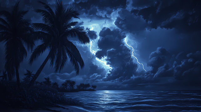 Florida hurricane idea. a dramatic stormy scene with lightning illuminating dark clouds and swaying palm trees. [Surreal Oceans] | Echoing Waters | resonant tides. Illustration