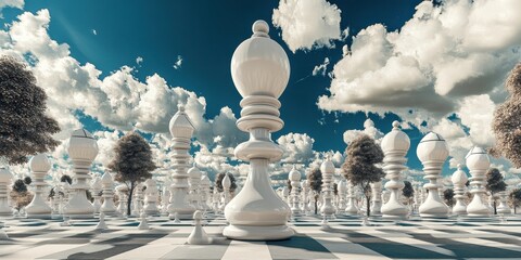 Majestic white chess pieces stand guard on a vast, surreal chessboard.