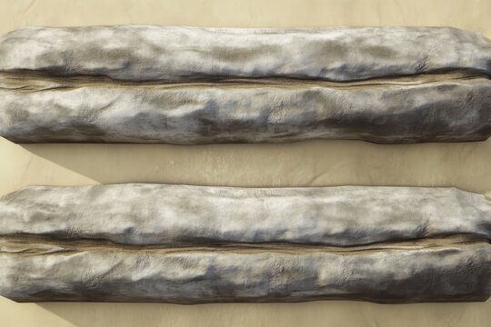 Two long, textured, light gray objects on a light wooden surface.