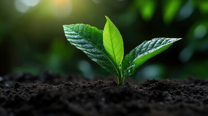 Young sprout emerging from soil, bathed in sunlight