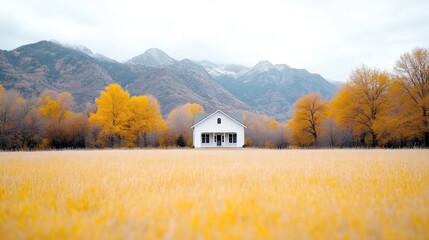 Tranquil autumnal farmhouse nestled in a golden field, mountains in the background