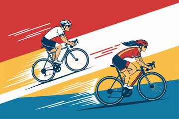 Design a vibrant banner showcasing a male and female cyclist in action, emphasizing speed and athleticism for a cycling sports event.