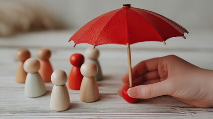 Hand Holding Mini Red Umbrella Protecting Four Wooden Figures on White Table, Symbolizing Insurance Concept
