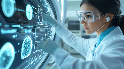 Innovative scientific research featuring a female scientist in a high-tech lab environment analyzing complex data visualizations