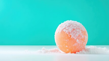 Peach Bath Bomb White Coating Minimalist Style High-resolution Studio Lighting Side View Powdery Texture Winter Spa Theme Teal Background Soft Pastel Hues Perfect for Product Packaging