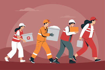 A dedicated disaster relief team, actively assisting victims, carrying essential supplies and offering support amidst devastation.