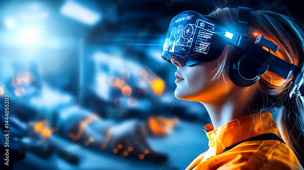 Poster virtual reality experience futuristic lab digital art high-tech environment close-up view immersive 