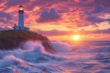 Stunning Lighthouse at Sunset with Dramatic Sky and Ocean Waves Capturing the Beauty of Nature's Power and Tranquility