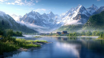 Fototapeta premium Majestic Mountain Lake Landscape: Serenity in Nature