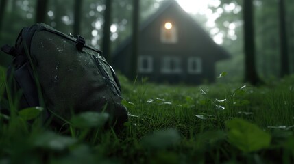A worn backpack rests in dewy forest grass,  a rustic cabin in the background