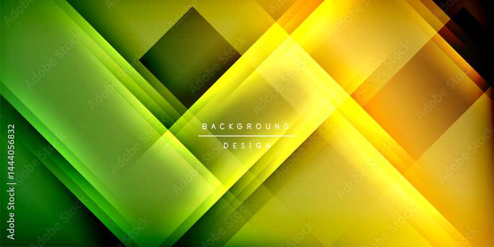 Poster Abstract geometric design. Overlapping layers create dynamic visual effect. Bright yellow, green hues dominate composition. Modern, sleek aesthetic.
