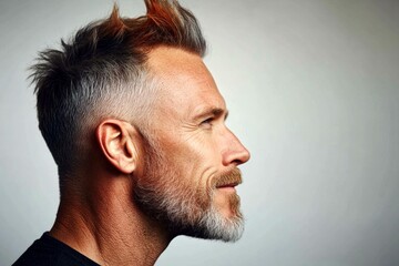Obraz premium Creative of style for aging men. Trendy men's colored spike haircut - midlife white man with grey hair. Pure white solid background. A classic beauty man with timeless elegance.