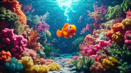 Naklejka premium Vibrant coral reef teeming with life under a powerful underwater lightning strike.