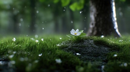 A single white flower in a lush, dewy forest
