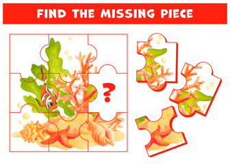 Find the missing piece of Underwater world picture. Printable puzzle page for kids with hand drawn clown fish, starfish, shells, coral and seaweed. Educational game for developing spatial thinking
