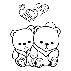 Charming monochrome illustration featuring affectionate teddy bears and floating hearts