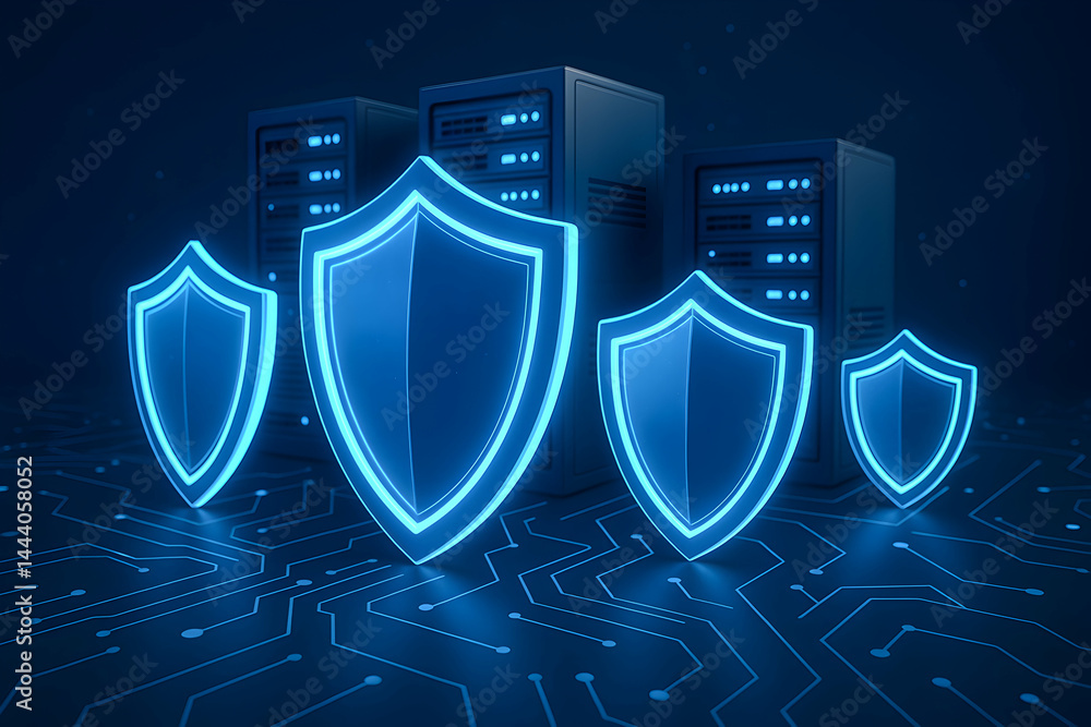 Poster digital security concept with glowing shields.