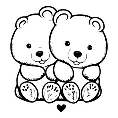 Charming Monochrome Illustration of Two Playful Teddy Bears Symbolizing Affection