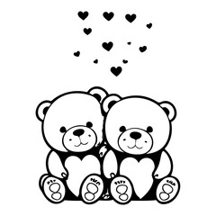 Monochrome teddy bear couple beneath a shower of hearts expressing affection