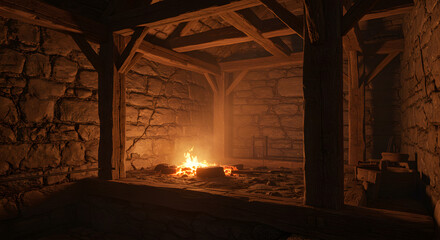 Naklejka premium Medieval Stone Cell, Ember Glow, Wooden Beams