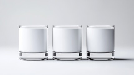 Three Glasses of Milk Clean Minimalist Style High-resolution Studio Lighting Centered Row Shot Simple Product Display Pure White Background Neutral Tone Perfect for Advertising