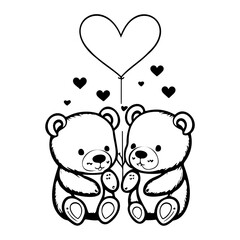 Charming teddy bear duo with floating heart balloon, a sweet monochrome graphic