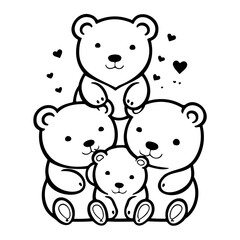 Adorable family of teddy bears with heart accents in a minimalist line art style