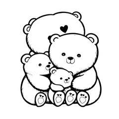 Whimsical monochrome illustration of a bear family in affectionate gathering