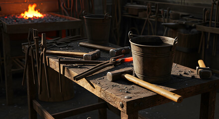 Blacksmith's Workshop: Tools & Forge Glow on Rustic Workbench