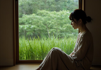 Japanese woman standing by a window where it is raining