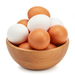 Eggs in a wooden bowl isolated on white background