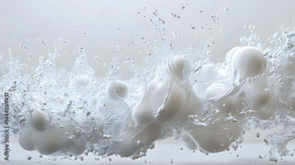 Poster dynamic splash of water and foam horizontal pure white background abstract visual art clean aestheti