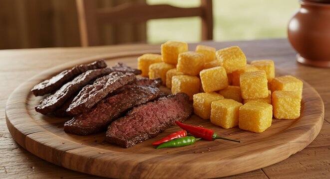 Tender carne de sol (sun-dried beef) with fried manioc cubes, served on a wooden platter with chili peppers, Northeast Brazil rustic style.