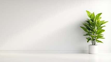 A lush green potted plant standing against a minimalist white wall, bright natural light illuminating the scene, and indoor decor concept.