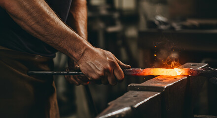 Fototapeta premium Blacksmith's Hands Forging Glowing Metal on Anvil in Dark Workshop