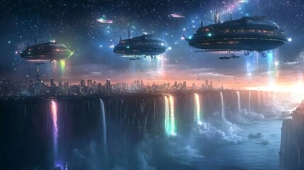 Floating city over waterfalls