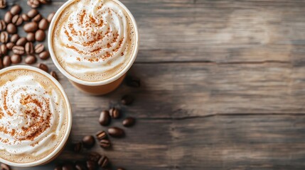 Fototapeta premium Creamy Coffee Drinks with Whipped Topping and Cocoa on Rustic Wooden Table Surrounded by Coffee Beans