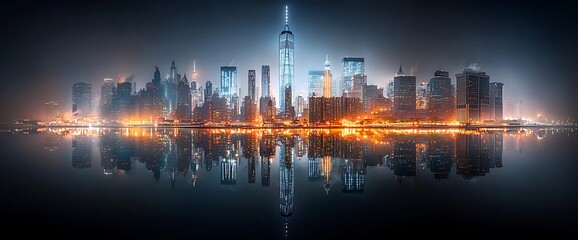 New York City Skyline at Night, Reflected in Water