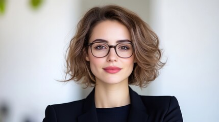 A professional businesswoman with short wavy hair wearing glasses, standing confidently in a modern office setting, natural light, and serious expression.