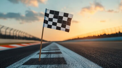 Checkered Flag at Sunset on a Racing Track Signifying the End of a Race or Competition